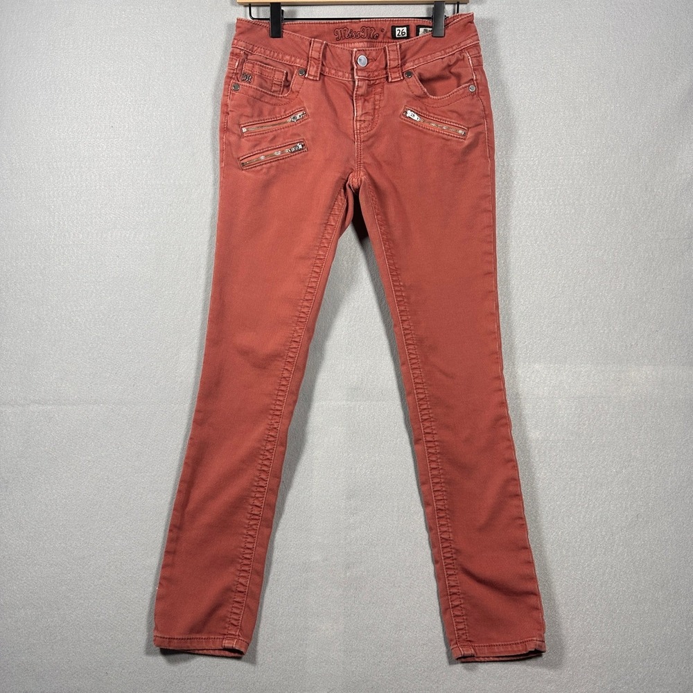Miss Me Womens Mid-Rise Skinny Jeans Terracotta Red Zipper Moto Accents Size 26